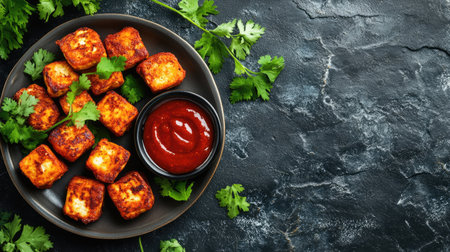 Enjoy the mouthwatering sight of crispy golden paneer cubes complemented by fresh coriander and a rich red sauce, perfect for any snacking occasion or party delight.の素材