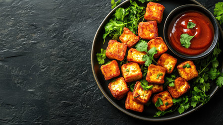 A vibrant dish featuring crispy fried tofu cubes served with a flavorful sauce, garnished with fresh green coriander, perfect for snack lovers and health enthusiasts.の素材