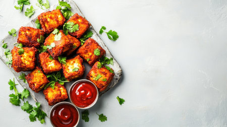 Enjoy a tempting plate of crispy fried paneer cubes garnished with fresh coriander and served alongside rich tomato sauce for dipping. Perfect for any occasion.の素材