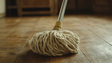 A traditional mop is positioned on a gleaming wooden floor, showcasing its fibers and handle. Perfect for representing cleaning routines and home maintenance aesthetics.の素材
