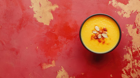 A vibrant bowl filled with creamy orange soup, topped with nuts and spices, set against a rustic textured background, ideal for culinary and healthy lifestyle themes.の素材