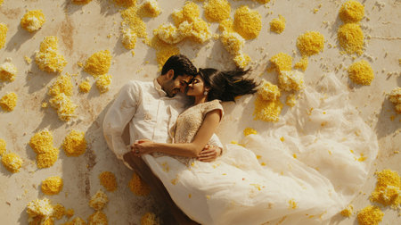 A beautiful couple lies among vibrant flower petals, radiating love and intimacy. This romantic scene captures the essence of togetherness and joy on their special day.の素材