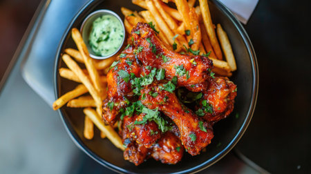Savory chicken wings coated in spice, paired with crispy fries and fresh herb dip, create a perfect meal or snack ideal for casual dining or gatherings.の素材