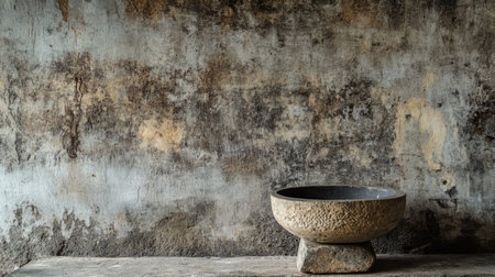 A rustic stone bowl sits against an aged textured wall, offering a minimalist aesthetic, perfect for interior decor and design applications, evoking calm and timeless beauty.の素材
