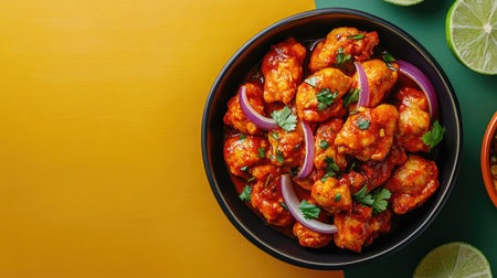 A vibrant bowl of spicy cauliflower served with red onions and fresh cilantro, resting on a colorful backdrop, showcasing gourmet culinary delight for food enthusiasts.の素材