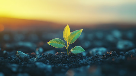 A close-up view of a small green plant emerging from rich soil, illuminated by soft hues of a sunset, representing hope, growth, and the beauty of nature.の素材