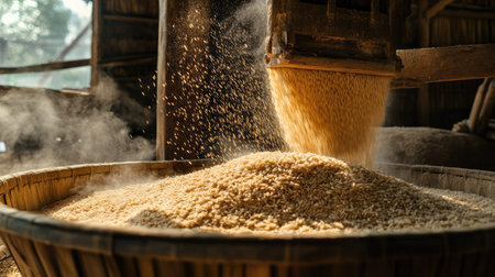 A traditional rice processing scene captures grains being threshed in a mill, showcasing the artistry and labor behind food production in an enchanting rural environment.の素材