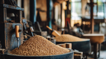 A detailed view of a traditional grain mill, showcasing freshly ground grains, rustic tools, and an artisanal approach to food production in a sustainable workshop environment.の素材