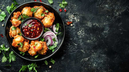 Indulge in these crispy vegetable fritters served with a spicy dipping sauce, garnished with fresh herbs and red onions, perfect for any appetizer or snack occasion.の素材