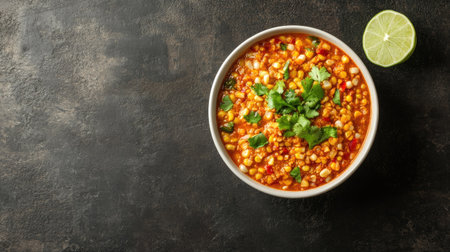 Delight in a vibrant bowl of spicy vegetable soup, garnished with fresh cilantro and served with a slice of lime, perfect for a comforting meal.の素材