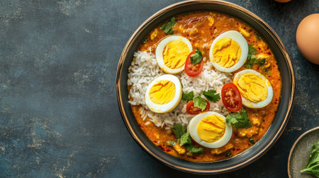 A tempting bowl of Indian curry featuring boiled eggs, fragrant rice, fresh herbs, and vibrant tomatoes, perfect for a nourishing meal at home or entertaining guests.の素材