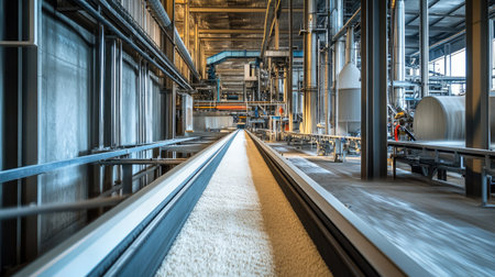 A detailed view of an industrial processing facility showcasing a conveyor system transporting granulated material within a modern warehouse.の素材