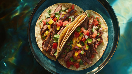A mouthwatering view of tacos filled with grilled steak and fresh vegetables, garnished with vibrant salsa, ideal for showcasing culinary delights and tempting food lovers.の素材