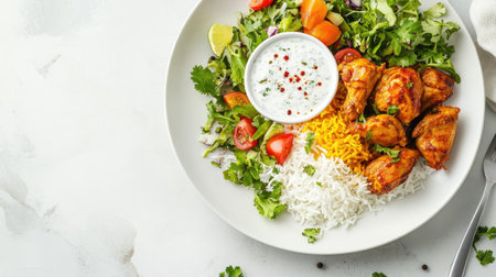 Enjoy a vibrant plate featuring chicken biryani served with fresh salad and yogurt sauce, perfect for culinary creativity and healthy dining experiences.の素材