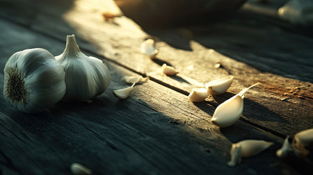 A captivating close-up image of fresh garlic bulbs and cloves scattered on a rustic wooden surface, enhanced by the warm glow of natural light, ideal for culinary themes.の素材