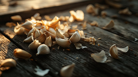 This image features scattered fresh garlic cloves and their skins on a rustic wooden surface, illuminated by soft natural light that enhances the warm and inviting atmosphere.の素材