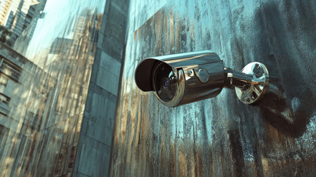 A sleek security camera is fixed to a textured wall, reflecting the urban landscape, emphasizing the importance of surveillance in modern cities for safety and security.の素材