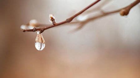 This stunning macro photograph showcases a single water droplet on a bare branch, emphasizing the delicate beauty of nature in wintertime with a soft blurred background.の素材