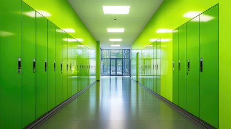 This image showcases a bright, modern hallway lined with sleek green lockers, flooded with natural light, creating a vibrant atmosphere ideal for educational settings.の素材