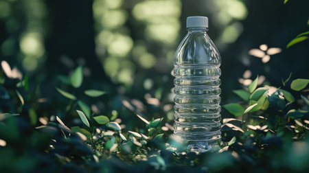 A clear plastic water bottle stands amidst vibrant green leaves, capturing the essence of hydration and nature in a peaceful forest environment. Perfect for eco-friendly themes.の素材