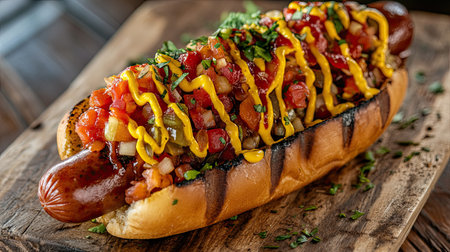 A mouthwatering hot dog adorned with fresh vegetables, tangy mustard, and vibrant toppings presented beautifully on a rustic wooden platter, perfect for food lovers.の素材