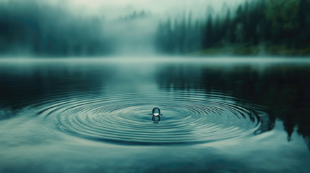 A tranquil scene featuring a single water ripple created by a drop in a calm lake, surrounded by mist and lush forests, evoking peace and serenity in nature.の素材