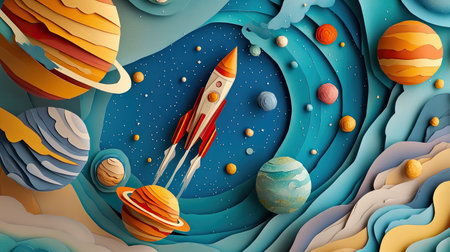 A stunning paper cut-out artwork depicting a rocket soaring through a vibrant space filled with planets and stars, showcasing a whimsical and imaginative exploration theme.の素材