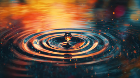 Captivating image of a water drop splashing onto a calm surface, creating mesmerizing ripples and colorful reflections, evoking a sense of tranquility and beauty.の素材