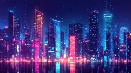 A stunning nighttime view of a modern urban skyline illuminated by vibrant neon lights, reflecting beautifully on water, creating an enchanting atmosphere filled with energy.の素材