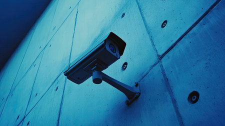 A modern surveillance camera mounted on a concrete wall, illuminated with cool blue tones, highlights safety and security in contemporary urban design.の素材