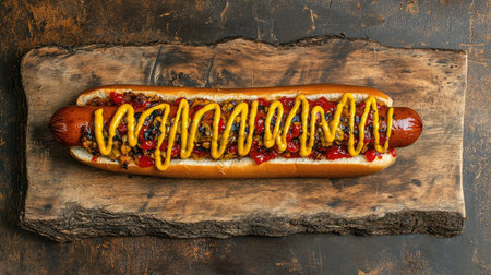 This image showcases a gourmet hot dog topped with mustard, relish, and other delicious toppings on a rustic wooden plank. Ideal for food lovers and culinary enthusiasts.の素材