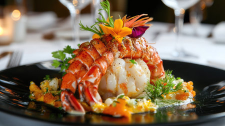 A striking seafood platter showcasing grilled lobster tail, velvety scallops, fresh herbs, and colorful edible flowers on a sleek black plate, perfect for fine dining experiences.の素材