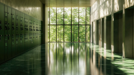 A modern indoor space featuring large windows that frame lush greenery outside, complemented by a reflective floor and stylish design, promoting tranquility and serenity.の素材