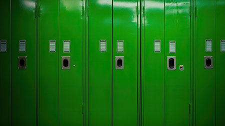 A row of bright green school lockers displays metallic handles and ventilation grills, creating a vibrant atmosphere perfect for educational settings and student organization.の素材
