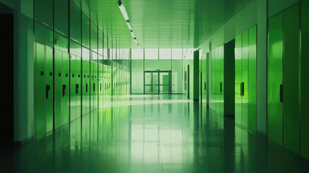 A vibrant and modern corridor featuring green lockers and a polished reflective floor, creating a clean and organized space ideal for contemporary environments and facilities.の素材