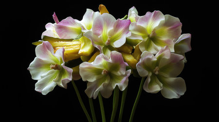 This exquisite image shows a beautiful cluster of pastel flowers, highlighting their delicate petals and vibrant colors set against a striking black background.の素材