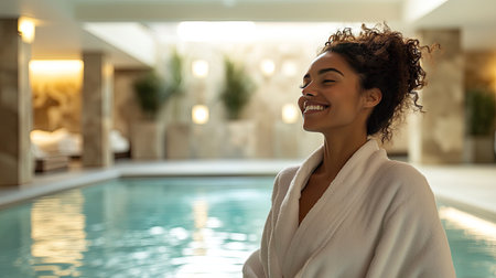 A joyful woman in a cozy white robe stands by the tranquil indoor pool, radiating serenity and relaxation in a beautifully lit spa setting. Perfect for wellness themes.の素材
