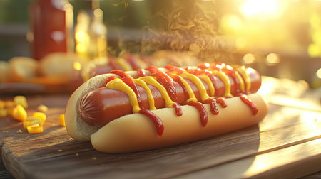 A mouthwatering hot dog topped with mustard and ketchup sits on a rustic wooden table, radiating summer vibes with a warm sunlight backdrop, perfect for outdoor gatherings.の素材