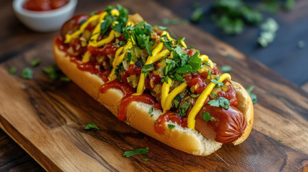 This vibrant hot dog features tomato sauce, mustard, and fresh cilantro on a wooden board, perfect for summer gatherings, picnics, and outdoor barbecues. Enjoy the delicious flavors!の素材