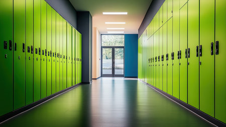 A modern hallway featuring vibrant green lockers under bright artificial lighting with large windows allowing natural light, perfect for educational or recreational facilities.の素材