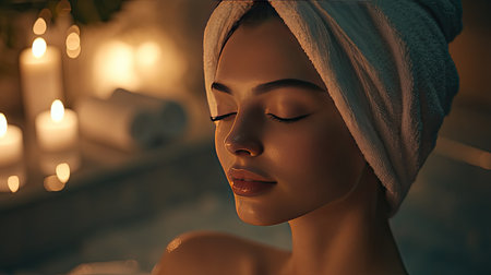 A serene scene featuring a young woman with closed eyes, enjoying a tranquil bath experience enhanced by soft candlelight, creating a peaceful spa atmosphere.の素材