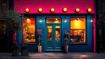 A modern store features a vibrant facade highlighted with colorful lights, creating an inviting ambiance in an urban setting perfect for shoppers and diners.の素材