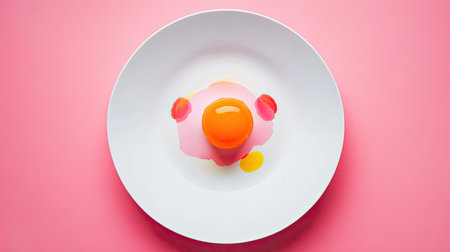 A striking orange dessert sits atop a white plate, surrounded by colorful splashes, creating a playful contrast against a soft pink background, evoking a sense of modern culinary art.の素材