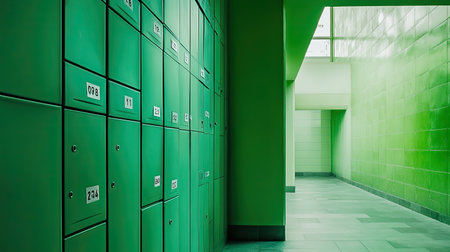 Modern lockers painted in vibrant green create a striking visual in a minimalist hallway, showcasing simplicity and functionality with natural light enhancing the atmosphere.の素材