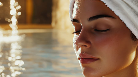 A young woman embraces tranquility as she relaxes by the poolside, showcasing her radiant skin and calm demeanor in a serene spa environment.の素材