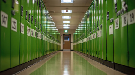 This image features a long hallway lined with vibrant green lockers, showcasing an organized and modern interior space in an educational or recreational facility.の素材