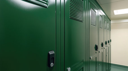 A row of sleek green lockers featuring sturdy metal design for secure storage in a modern environment. Ideal for schools or gyms, promoting organization and functionality.の素材