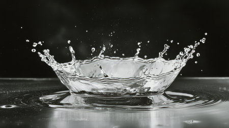 Stunning black and white image of a water splash, highlighting the dynamic movement of droplets against a calm surface, creating an elegant and artistic visual effect.の素材