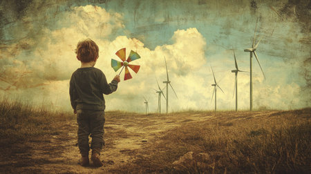 A young child joyfully plays with a vibrant pinwheel in a picturesque landscape dotted with wind turbines, epitomizing the harmony between nature and renewable energy.の素材