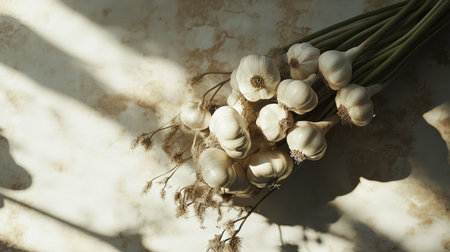 A beautiful arrangement of fresh garlic bulbs with their green stems, casting delicate shadows on a soft, creamy surface, perfect for culinary and gardening themes.の素材